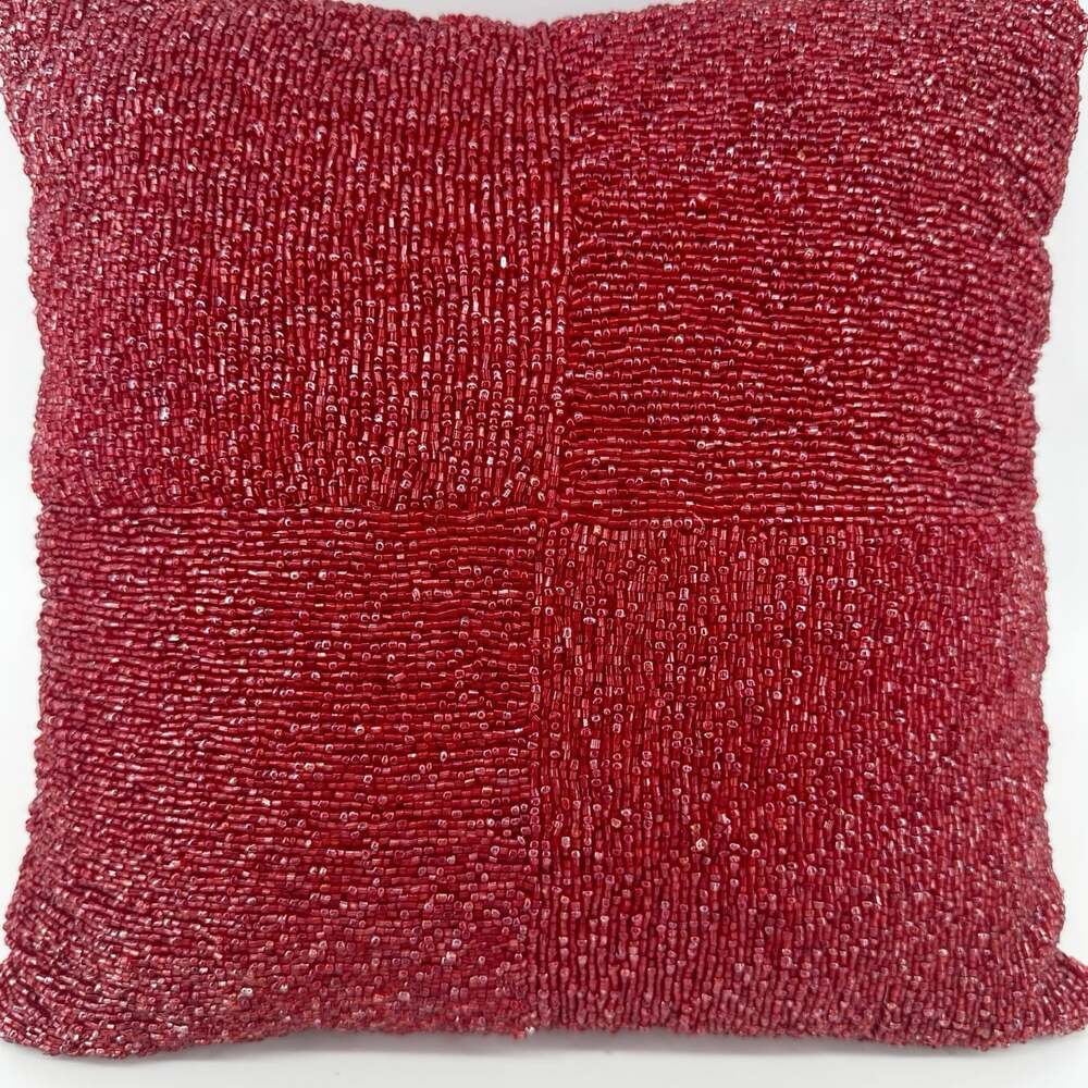 Pier 1 Accent Pillow Red Beaded 13" Square Decor Throw Holiday Elegant Zipper